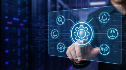 Hand interacting with futuristic digital interface in server room