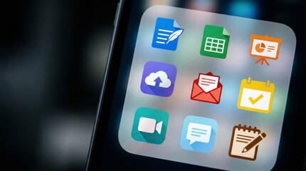 Mobile phone screen displaying productivity app icons