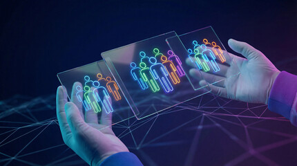 Hand displays neon human figures on transparent screens