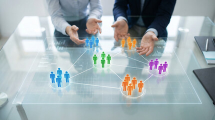 Business professionals discuss team organization and network connections