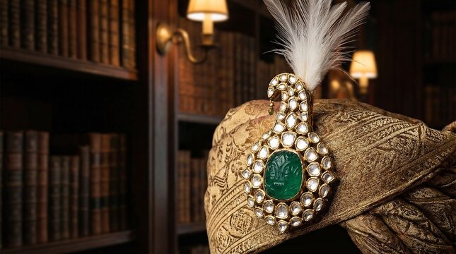 Antique Gold Sarpech Turban Ornament with Polki Diamonds and Emerald Feather Plume