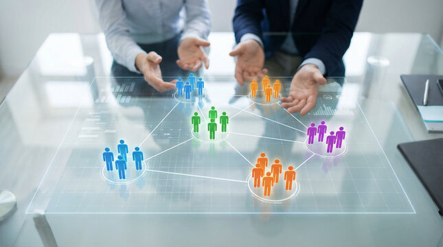 Business professionals discuss team organization and network connections - Powered by Adobe