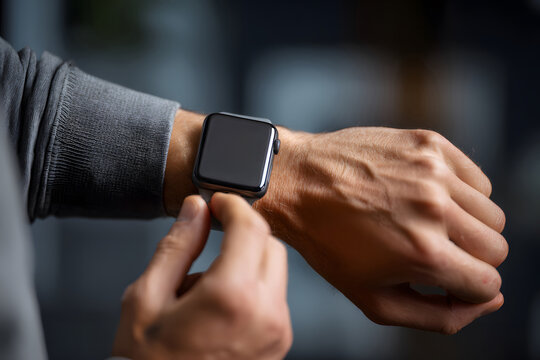Close view of a person adjusting a smartwatch on their wrist in an indoor setting - Powered by Adobe