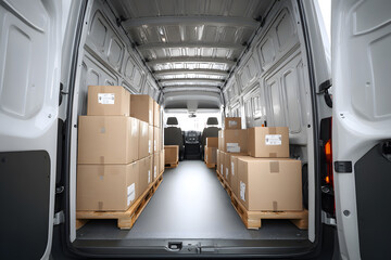 Boxes packed inside a moving van for transport to a delivery location in the city