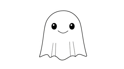 Obraz premium Adorable friendly cartoon ghost illustration, simple outline drawing on a clean white background, cheerful and cute Halloween character