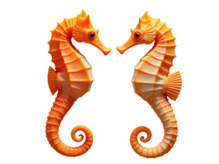 Fototapeta premium Two orange seahorses stand together in a calm sea