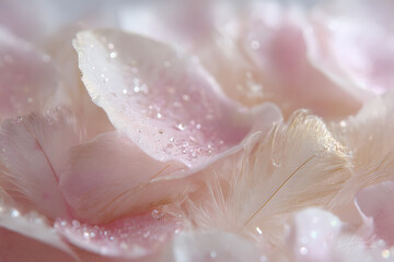 soft romantic textures, soft feathers, shimmering crystals, and velvety rose petals complemented by a pastel blush and gold palette, with gentle overhead natural light