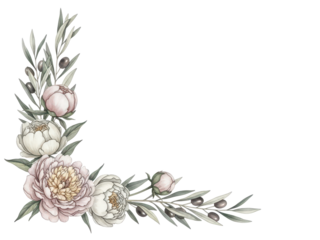 Luxury hand painted watercolor corner composition featuring peonies and olive branches in neutral tones isolated on white background