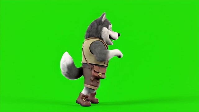 Animated cartoon husky dog character in explorer outfit enthusiastically dancing and posing with a playful wink, perfect for children s content and fun animations on a green screen background.