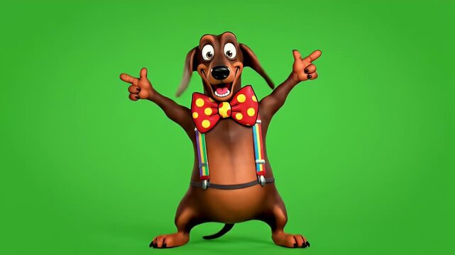 Joyful cartoon dachshund dog wearing a polka dot bow tie and suspenders, enthusiastically dancing and celebrating with expressive gestures against a vibrant green background, showcasing playful.