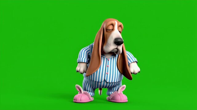 Whimsical cartoon basset hound dog wearing striped pajamas and bunny slippers joyfully dances with closed eyes and long ears flopping in a playful, animated sequence against a vibrant green screen.