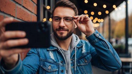 Confident young man taking a selfie with his smartphone, adjusting his stylish glasses. Ideal for social media profiles, fashion blogs, personal branding, dating apps, eyewear campaigns,