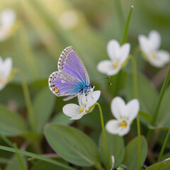 Fototapeta premium Close-up, selective focus image of a purple butterfly perched on wild white violet flowers in the morning sunlight against grassy backdrop during spring or summer