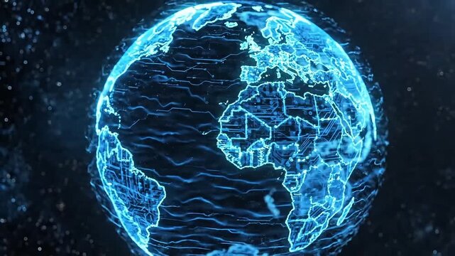 Glowing digital globe representing global connectivity and technology.