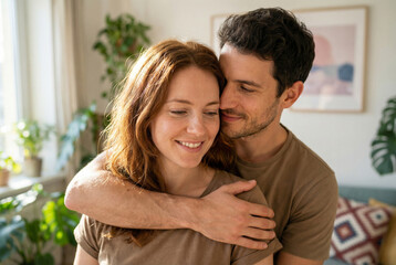 Happy Couple Embracing at Home in Warm Natural Light