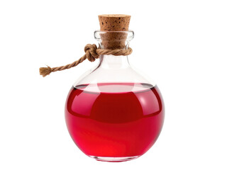 Obraz premium A glass bottle filled with red liquid and topped with a corkscrew stopper, suitable for use in still life photography or as a prop in a beverage-themed shoot