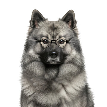 Intelligent keeshond dog wearing round eyeglasses in black and white portrait