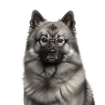 Intellectual keeshond puppy in black and white with eyeglasses