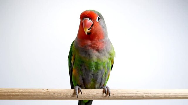 Colorful Fischer's lovebird parrot perched on a wooden dowel rod with a white backdrop, vocalizing and looking around