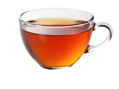 A single serving of hot tea in a clear glass cup on a white background