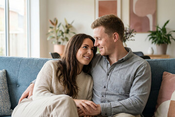 Man and Woman Sitting Together on Sofa at Home