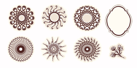 Abstract cicle icon set with a modern sticker style. Funky optic set of circular elements for decor art. Isolated pretty flat illustration set collection