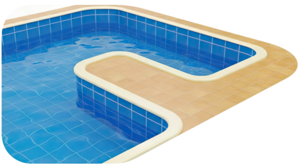 Modern swimming pool with blue tiled interior and beige tiled deck