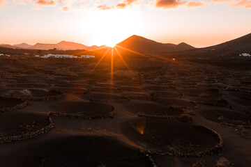 Warm sunrise lights black ash fields and stone zocos in La Geria, Lanzarote, Canary Islands. Whitewashed houses sit midground. Golden hour sun flares and long shadows. © Aerial Film Studio