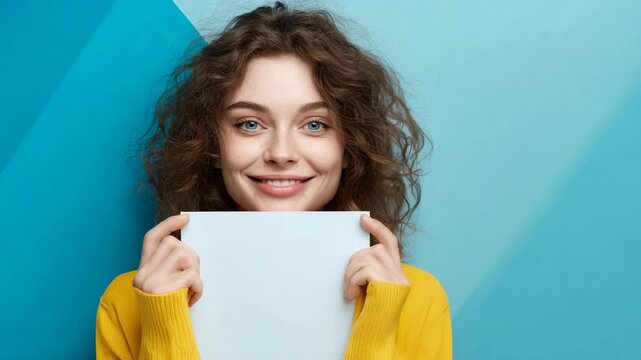 Smiling young blonde woman holding a blank white sign for copy space.