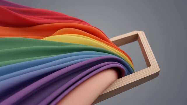 A rainbow-colored fabric drape with a gold frame on a gray background, used for pride, decoration, or design inspiration