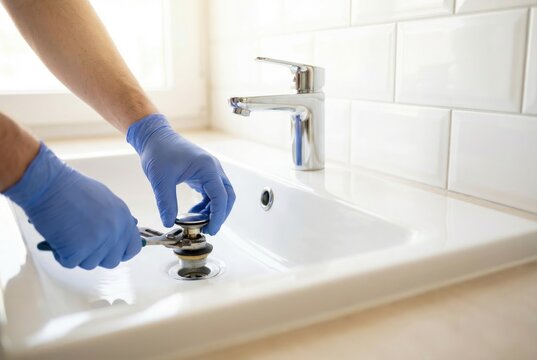 Repair work on a sink drain with hand tools in a bright kitchen space during daytime
