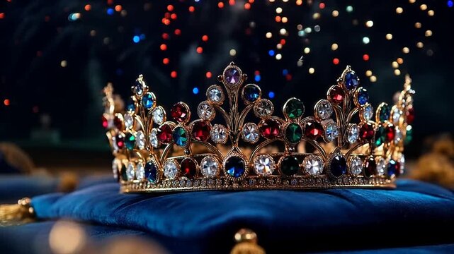 A luxurious, multi-colored crown with jewels sits on a blue velvet pillow, illuminated by colorful lights in the background, symbolizing royalty and grandeur, possibly for a beauty pageant or formal
