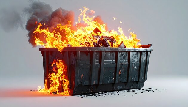Dumpster fire with flames in a garbage can