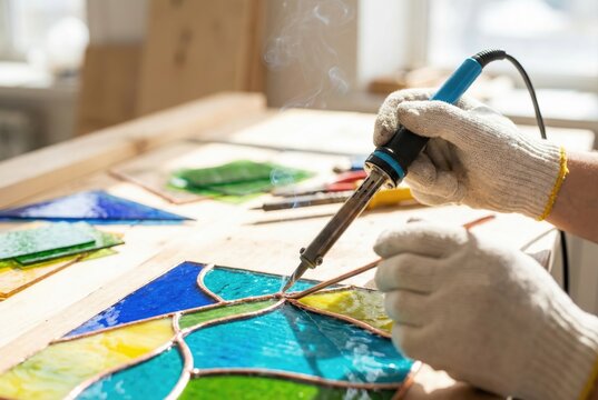 Crafting stained glass art in a bright workshop with tools and vibrant colors during daylight in a creative space