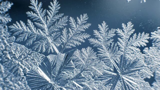 frost crystal macro. Extreme close-up of frost crystals crystallizing on glass, revealing sharp geometry and soft icy translucence.