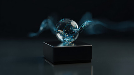 A glowing digital sphere hovers on a black pedestal, radiating blue data streams. This futuristic orb captures innovation and advanced technology in a sleek design.
