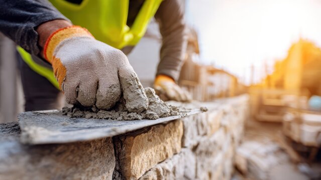 A construction worker wearing a vest veneers a stone wall at a construction site, showing skill and attention to detail