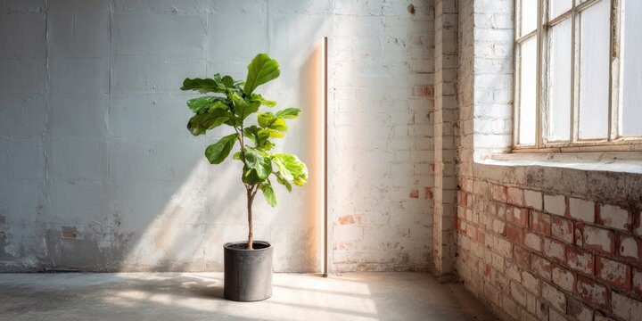 A fiddleleaf fig in a black pot stands in a sunlit loft with exposed brick and white walls. Natural light highlights this minimalist modern interior.