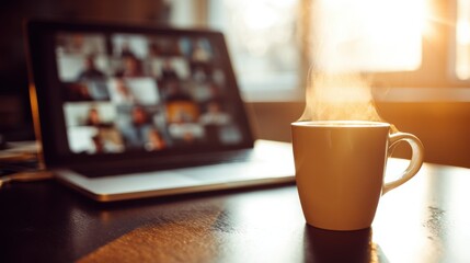 A steaming coffee mug sits on a desk in warm morning sunlight. In the background, a laptop displays a blurred online meeting, evoking remote work and productivity.