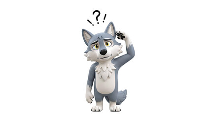 Confused cartoon wolf scratching head with question marks above