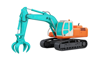 Turquoise and Orange Excavator with Claw Attachment