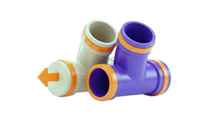 Two stylized T-junction pipes with orange accents and an arrow