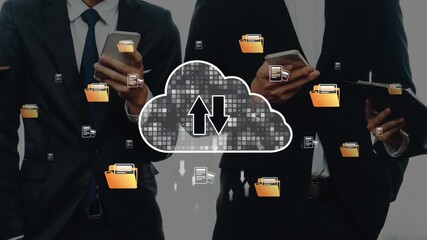 Business professionals use mobile devices to engage in cloud data exchange, highlighting modern technology in communication and information management practices. Raster - Powered by Adobe