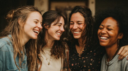 Obraz premium close friends laughing together candid moment natural light emotional connection lifestyle photography