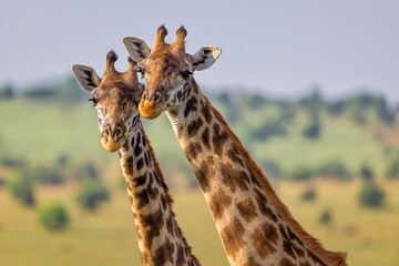 Obraz premium Close-up portrait of two giraffes with heads together