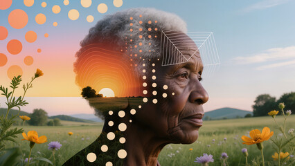 the silhouette of an elderly man's face against the backdrop of nature