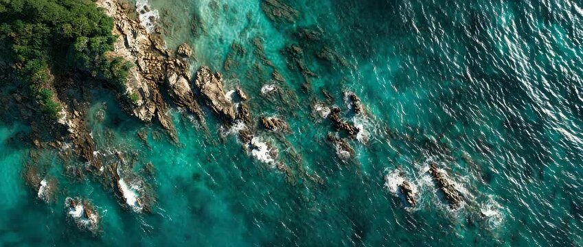 Aerial top down view of turquoise ocean waves crashing on rocky coastline with a small boat speeding across the deep blue sea.