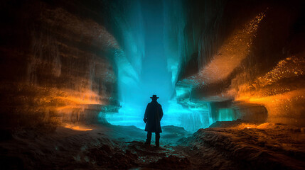 Obraz premium Exploring a glowing ice cave in the Sahara desert at night Generative AI
