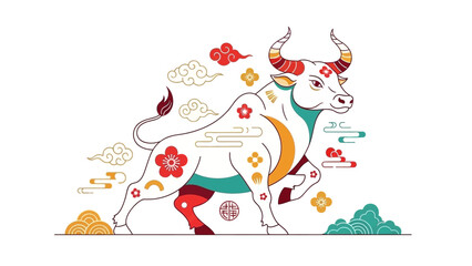 Fototapeta premium Artistic White Ox with Floral Patterns for Chinese New Year