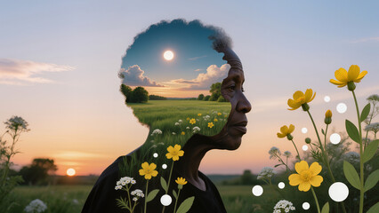 the silhouette of an elderly man's face against the backdrop of nature